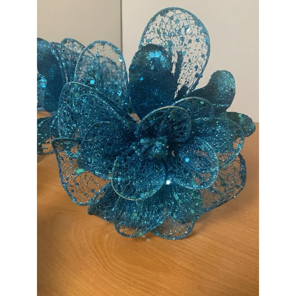 Lot Of 3 Glittered Turquoise Floral Stems  10” X 6”